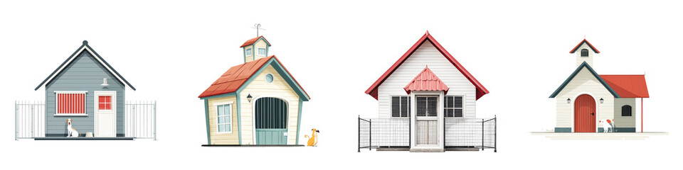 Charming dog houses in various styles featuring playful designs, vibrant colors, and unique roofs. Perfect for pet lovers and home decor enthusiasts seeking whimsical additions.