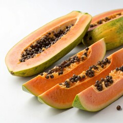 Close-up of unripe papaya strips highlighting their green color and unique texture in high contrast for food photography
