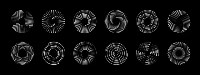 Fotobehang Spiraal Abstract line circular round spiral shapes. Vector dynamic curves with dotted and striped rotation patterns on black. Geometric radial futuristic elements create illusion of movement and speed swirl  © Buch&Bee