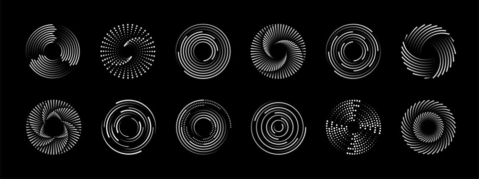 Abstract line circular round spiral shapes. Vector dynamic curves with dotted and striped rotation patterns on black. Geometric radial futuristic elements create illusion of movement and speed swirl
