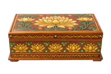 PNG Ornate wooden jewelry box with yellow lotus design and intricate floral motifs