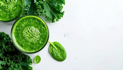 Obraz premium A vibrant green smoothie, rich in nutrients, is garnished with fresh spinach leaves and delicate herbs, all set against a clean white background.