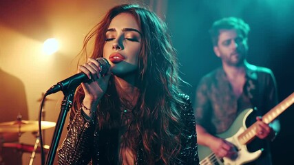 Charismatic female singer captivates audience during vibrant live performance at music venue, Beautiful charismatic female singer performing with band at live music event - Powered by Adobe