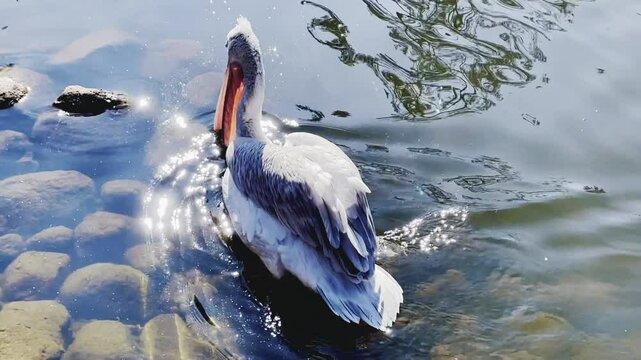 4k close-up video of one pelican swimming in park pond on a sunny day, hunting for fish and algae