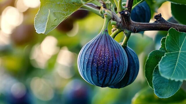 Ripe fig resting on a branch with blurred greenery in the background during golden hour, Closeup of ripe fig on tree with blurred background