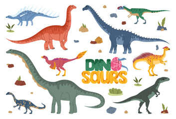 Cute prehistoric dinosaur cartoon characters and baby dino personage in egg with jurassic volcanic rocks and jungle forest plants. Vector funny kentrosaurus, hypselosaurus and datousaurus dinosaurs