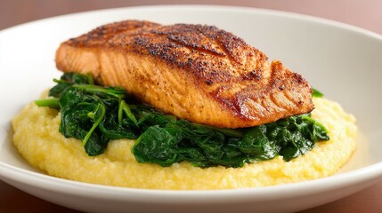 Delicious salmon fillet served over creamy polenta with spinach.