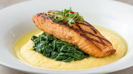 Grilled salmon fillet served over creamy polenta with spinach.