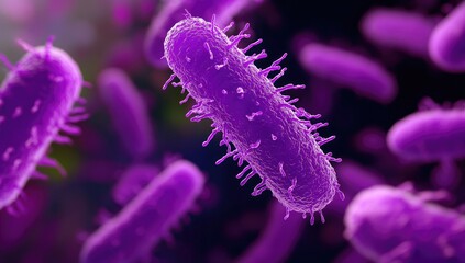 Fototapeta premium Close-up view of vibrant purple bacteria. Rod-shaped microorganisms with intricate details. Microscopic cellular structures