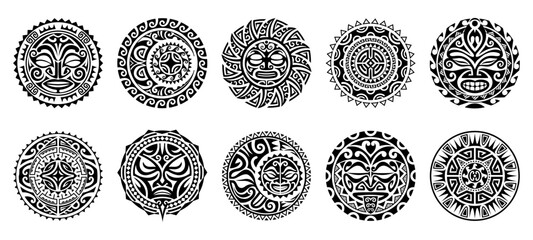 Tribal Maori tattoo. Vector set of circular indigenous circular bodyarts with traditional Polynesian patterns and ethnic facial motifs as ornamental suns, warrior faces, and abstract geometric shapes