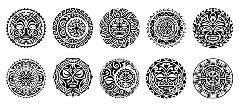 Tribal Maori tattoo. Vector set of circular indigenous circular bodyarts with traditional Polynesian patterns and ethnic facial motifs as ornamental suns, warrior faces, and abstract geometric shapes
