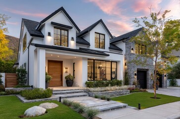 A front view of the exterior, a symmetrical design with two stories and white stucco walls with black steel windows, a modern farmhouse-style home