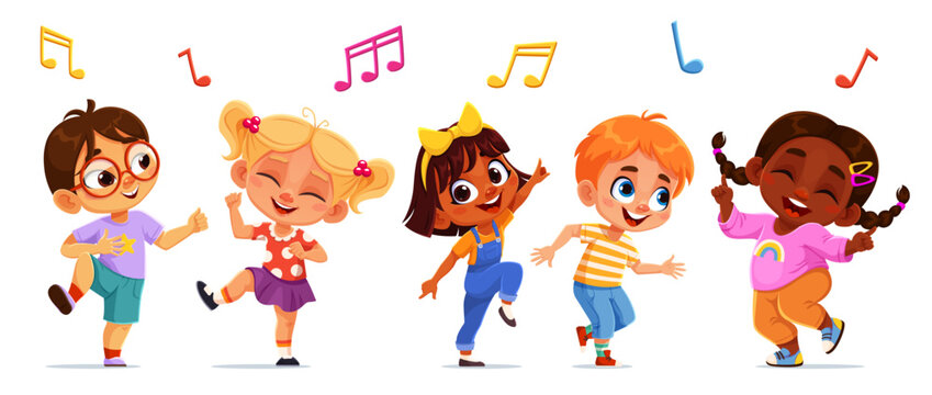 Kids dancing and jumping at party. Group of happy cartoon children having fun and enjoying music together. Vector scene with boys and girls in laughing, moving and celebrating with music notes around
