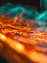 Abstract macro of fiery orange and teal smoke plumes rising in a dark atmosphere artistic style