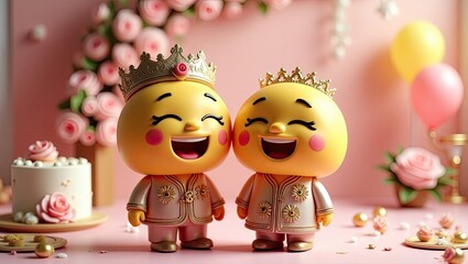 Obraz premium Cheerful Emoji Couple Celebrating Wedding Day with Cake and Flowers