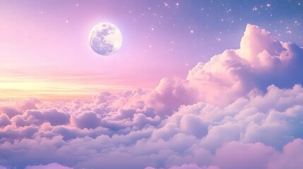 A Beautiful Moon Over Soft Clouds at Sunset in Dreamy Colors
