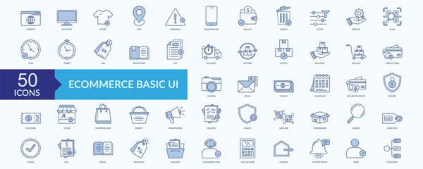 Ecommerce basic UI icon collection set with website, monitor, service, barcode, notification
