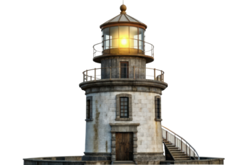 PNG Illuminated stone lighthouse with lantern room at night