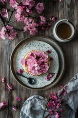 Pancakes with Cherry Blossoms on Rustic Table Top View for Spring Brunch or Breakfast Still Life Food Photography