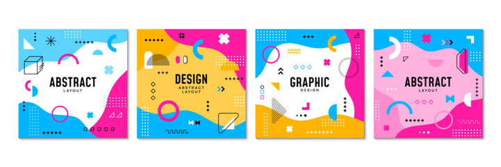 Memphis square covers or posters with abstract geometric shapes. Vector retro modern background templates, feature vibrant colors, dynamic shapes and bold patterns, exude a playful hipster vibe of 80s