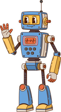 Cartoon retro groovy robot or droid character and robotic transformer, vector personage. Groovy robot with funny face display and Hi or Hello hand gesture for comic retro roid or futuristic cyborg