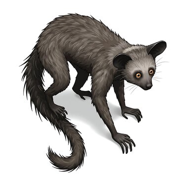 Detailed Aye-aye Isolated On White Background, Nocturnal Primate From Madagascar