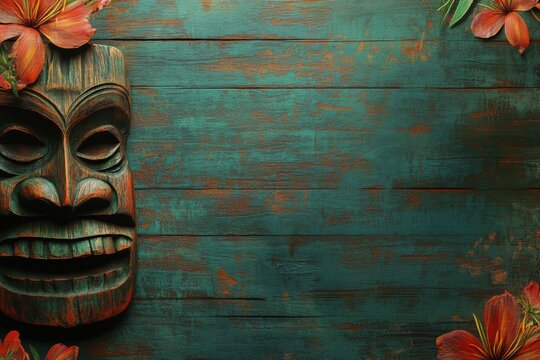 Tiki mask and hibiscus flowers on rustic teal wood background top down view tropical vacation theme