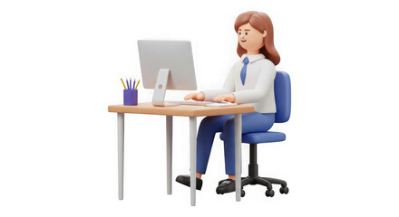 Woman working at desk isolated on transparent background