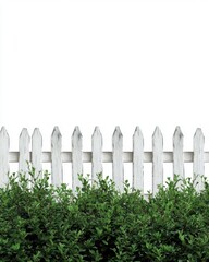 White Picket Fence with Green Bushes in Front, Eye-Level Shot, Countryside or Suburban Setting, Weathered Look, Daytime
