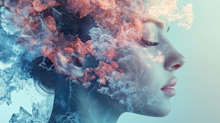 Serene profile overlaid with abstract cloudscape symbolizing introspection