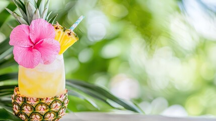 A tropical mocktail in a pineapple shell, lush greenery background