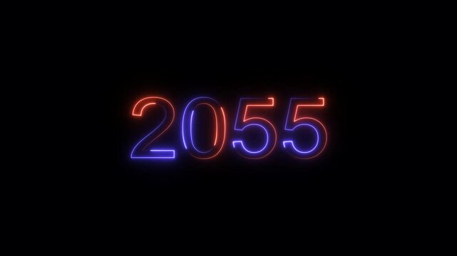 New Year 2055 animation. 2030 number neon text black background 4k video.