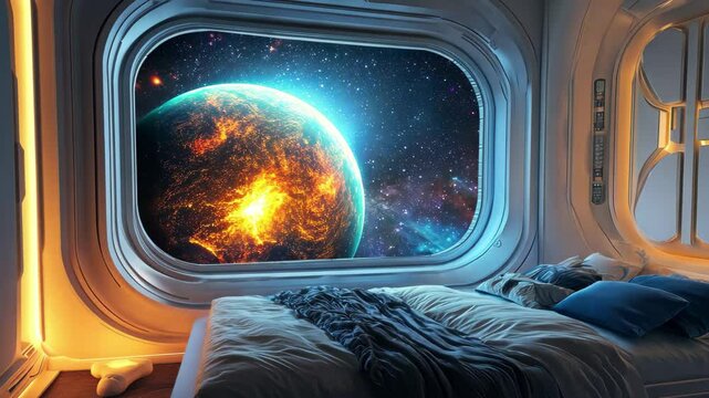 Futuristic space bedroom with stunning planet view through large window in celestial environment, Futuristic space bedroom with planet view through window and cozy interior Sci fi concept