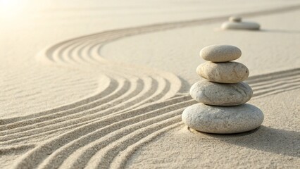 stacked smooth stones on a sandy background with soft natural light zen and balance concept minimal style
