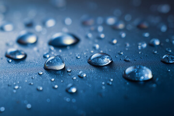 Crystal clear water droplets creating a textured pattern on a waterproof surface, reflecting light and showcasing surface tension
