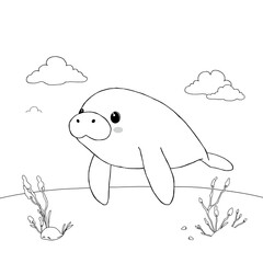 Fototapeta premium Cute Young Manatee in Minimalist Black and White Line Drawing for Coloring Book Presents High Contrast White Sky White Clouds and White Clothing