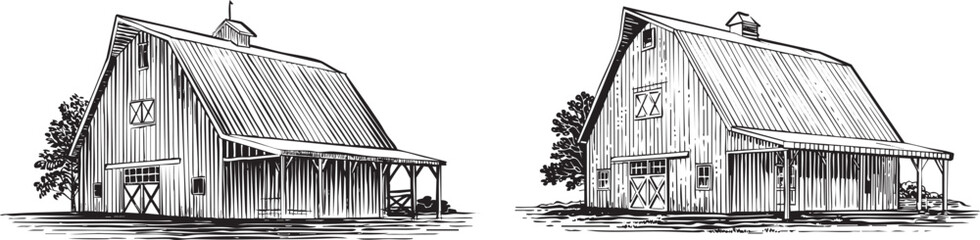 This grayscale pencil sketch showcases two charming barn designs. © Hayat Khan