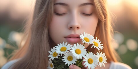 Fototapeta premium Portrait of a serene young woman with closed eyes surrounded by blooming chamomile flowers in soft sunlight, evoking beauty, peace, and connection with nature in springtime 