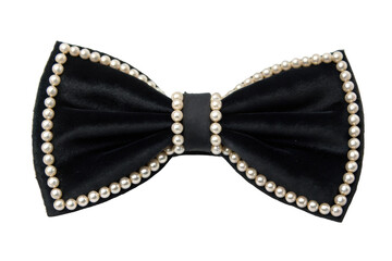 PNG Elegant black velvet bow tie with pearl embellishments on a black background