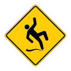 Wet floor, yellow square warning sign with man slipping symbol, vector illustration.