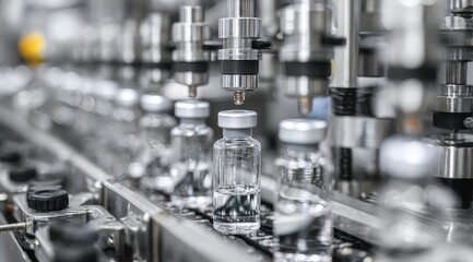Naklejka premium Automated pharmaceutical vial filling process on a production line.