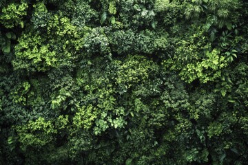 Lush Green Living Wall in Vertical Garden Style, Overhead Shot, Dense Foliage, Natural Texture, Botanical Background, Indoor Environment