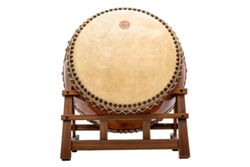 PNG Large traditional taiko drum on wooden stand isolated on black background