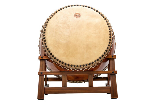 PNG Large traditional taiko drum on wooden stand isolated on black background