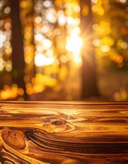 A rustic wooden table top featuring rich grain patterns, set against a softly blurred bokeh background of warm, glowing lights, creating a cozy ambiance.
