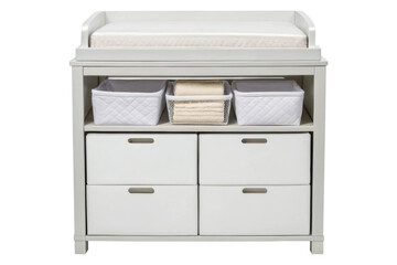 PNG White baby changing table with storage drawers and baskets for nursery organization