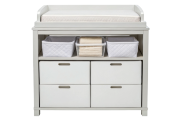 PNG White baby changing table with storage drawers and baskets for nursery organization