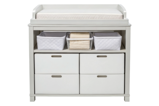 PNG White baby changing table with storage drawers and baskets for nursery organization