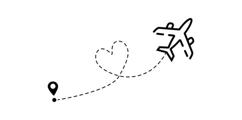 Airplane with dotted route trace icon. air route with heart icon. travel symbol. honeymoon journey icon. romantic love trip sign. . flight track heart shape png and vector illustration on transparent 