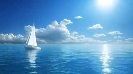  Yacht Sailboat Sailing Alone on Calm Blue Sea Waters on a Beautiful Sunny Day with Blue Sky and White Clouds. Serene and Peaceful Maritime Scene.